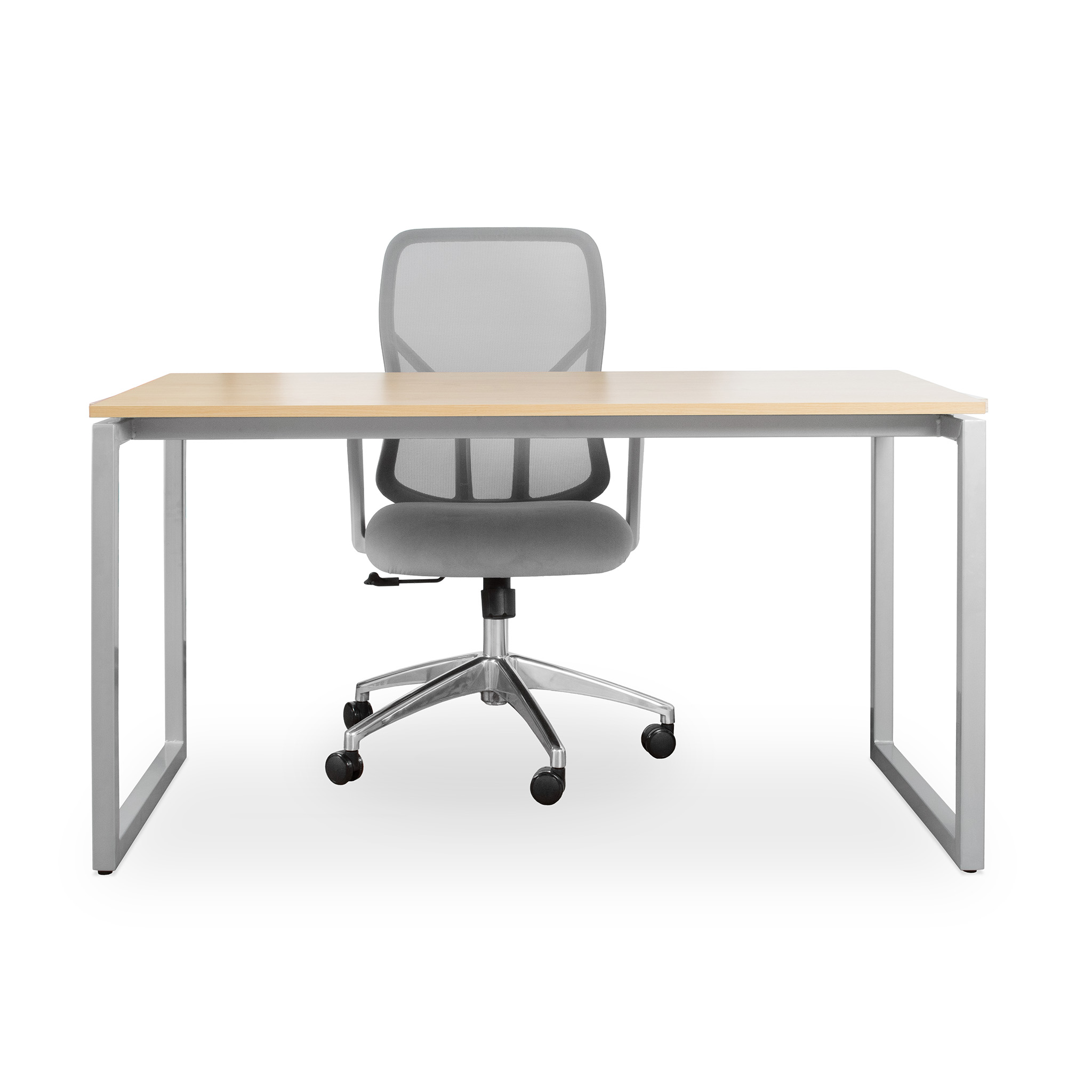 Single-Workstation-With-Loop-Leg_Wooden-Top_Silver_Front-with-Chair